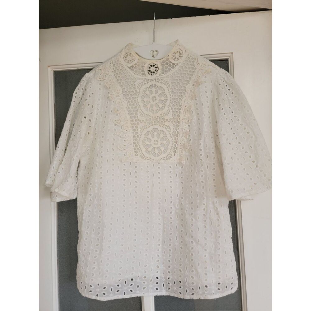 White Cotton Eyelet Lace Blouse Crochet Bib Wide Sleeve Top XS Small